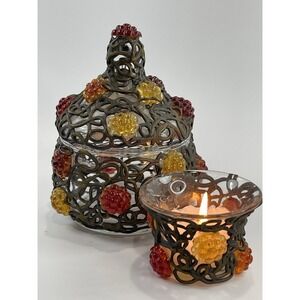 Metal Filigree Overlay On Clear Glass Vintage Trinket Candy Dish Candle Holder